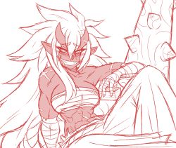 Rule 34 | 1girl, abs, alcohol, bandages, blush, breasts, colored skin, drunk, hair between eyes, highres, horns, large breasts, long hair, long skirt, looking at viewer, monochrome, muscular, muscular female, oni, oni horns, original, pointy ears, rakkuguy, red oni, red skin, saliva, scar, sharp teeth, sitting, skirt, smile, solo, teeth, very long hair, warrior, weapon