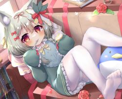 Rule 34 | 1girl, animal ear fluff, animal ears, bow, commentary request, couch, cup, disposable cup, dress, flower, food, frilled dress, frilled sleeves, frills, green dress, grey hair, hair between eyes, hair bow, highres, holding, holding cup, holding spoon, long sleeves, looking at viewer, no shoes, on couch, original, panties, panties under pantyhose, pantyhose, petals, pudding, red bow, red eyes, red flower, red rose, rose, siera (sieracitrus), sleeves past fingers, sleeves past wrists, soles, solo, spoon, star-shaped pupils, star (symbol), symbol-shaped pupils, underwear, white panties, white pantyhose