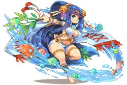 Rule 34 | 1girl, absurdly long hair, amenouzume, barefoot, bell, blue eyes, blue hair, blunt bangs, branch, breasts, detached sleeves, feet, fish, flower, full body, fullbokko heroes, hair bell, hair flower, hair ornament, highres, holding, holding branch, large breasts, leg up, long hair, looking at viewer, navel, official art, pelvic curtain, shigatake, sidelocks, simple background, smile, solo, very long hair, water, wet, white background, wide sleeves