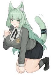 Rule 34 | 1girl, :p, absurdres, animal ear fluff, animal ears, arknights, black ribbon, black skirt, black socks, blunt bangs, breasts, cardigan, cat ears, cat tail, commentary request, green eyes, green hair, grey cardigan, hand up, harmonie (arknights), highres, infection monitor (arknights), kneeling, large breasts, long hair, looking at viewer, miniskirt, neck ribbon, rain (rain8649), ribbon, shirt, simple background, skirt, smile, socks, solo, tail, thighs, tongue, tongue out, very long hair, white background, white shirt