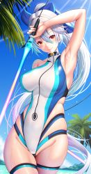 Rule 34 | 1girl, arm up, armpits, beach, blue bow, blue one-piece swimsuit, blue sky, bow, breasts, closed mouth, competition swimsuit, day, energy sword, fate/grand order, fate (series), hair between eyes, hair bow, highleg, highleg swimsuit, large breasts, long hair, looking at viewer, one-piece swimsuit, outdoors, ponytail, red eyes, silver hair, sky, smile, swimsuit, sword, thigh strap, thighs, tomoe gozen (fate), tomoe gozen (swimsuit saber) (fate), tomoe gozen (swimsuit saber) (first ascension) (fate), two-tone swimsuit, weapon, white one-piece swimsuit, zukky
