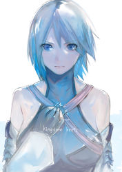 Rule 34 | 1girl, absurdres, aqua (kingdom hearts), bare shoulders, black gloves, blue eyes, blue hair, breasts, closed mouth, copyright name, detached sleeves, english text, engrish text, fingerless gloves, gloves, hair between eyes, hand on own chest, highres, kingdom hearts, kingdom hearts birth by sleep, large breasts, long sleeves, looking at viewer, misaki nonaka, ranguage, short hair, simple background, solo, turtleneck, upper body, v-shaped eyebrows, white background, wide sleeves