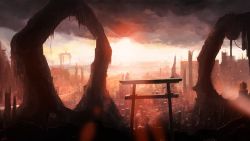 Rule 34 | banishment, building, cityscape, cloud, cloudy sky, commentary request, highres, no humans, outdoors, scenery, shrine, sky, skyscraper, sunlight, torii