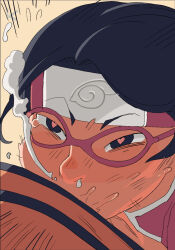Rule 34 | 1boy, 1girl, ac120, age difference, bare shoulders, black hair, blush, boruto: naruto next generations, collarbone, cum, cum in mouth, fellatio, forehead protector, from side, glasses, half-closed eyes, headband, heart, heart-shaped pupils, highres, konohagakure symbol, looking at viewer, naruto (series), nipples, open clothes, oral, penis, pov, pov crotch, profile, red-framed eyewear, red headband, short hair, snot, solo focus, sweat, symbol-shaped pupils, tearing up, testicles, tongue, uchiha sarada, uncensored, uzumaki naruto