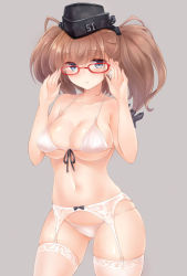 Rule 34 | 1girl, atlanta (kancolle), black hat, blue eyes, blush, bra, breasts, brown hair, garrison cap, garter belt, glasses, grey background, hat, kantai collection, lace, lace-trimmed legwear, lace trim, large breasts, long hair, looking at viewer, nikoo, panties, parted lips, simple background, skindentation, solo, string bra, string panties, thighhighs, twintails, two side up, underwear, underwear only, white bra, white panties, white thighhighs