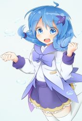 Rule 34 | 1girl, :o, ahoge, blue bow, blue eyes, blue hair, blue skirt, bow, cowboy shot, delphinium (flower knight girl), flower knight girl, hair ornament, highres, looking at viewer, matching hair/eyes, nimu (aruka7x21), short hair, skirt, smile, solo, thighhighs, twintails, white background, white thighhighs