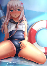 Rule 34 | 1girl, bare arms, bare legs, bare shoulders, blonde hair, blue eyes, blush, commentary request, crop top, flower, hair flower, hair ornament, highres, kantai collection, lifebuoy, long hair, looking at viewer, nicoby, one-piece swimsuit, one-piece tan, open mouth, partially visible vulva, ro-500 (kancolle), sailor collar, school swimsuit, school uniform, sitting, solo, spread legs, swim ring, swimsuit, swimsuit under clothes, tan, tanline, torpedo, wet