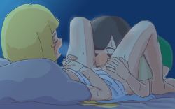 Rule 34 | 2girls, blonde hair, bottomless, closed eyes, creatures (company), cunnilingus, deathroling, female focus, game freak, highres, lillie (pokemon), lying, multiple girls, nintendo, on back, open mouth, oral, pokemon, pokemon sm, selene (pokemon), sketch, yuri