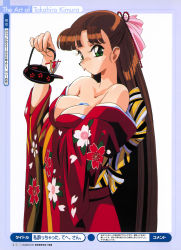 Rule 34 | 1girl, :p, bare shoulders, between breasts, bow, breasts, brown hair, cleavage, green eyes, hair bow, highres, japanese clothes, kettle, kimono, kimura takahiro, large breasts, pink bow, solo, teapot, tongue, tongue out