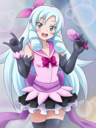 Rule 34 | 10s, 1girl, blue eyes, blue hair, dress, elbow gloves, gloves, happinesscharge precure!, hosshiwa, long hair, looking at viewer, m/, mameshiba (pixiv 59310), matching hair/eyes, microphone, open mouth, precure, solo