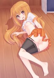 Rule 34 | 10s, 1girl, amatsuka mao, ass, barefoot, bike shorts, blush, breasts, brown eyes, censored, clothes lift, clothes pull, fang, feet, gj-bu, hair flaps, highres, long hair, lying, mawarimichi, mosaic censoring, nipples, no bra, on floor, on side, open mouth, orange hair, panties, panty pull, pink panties, plaid, plaid skirt, pussy, pussy juice, shirt lift, shorts, shorts pull, skirt, small breasts, solo, underwear, upskirt