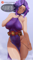 Rule 34 | 1girl, araneesama, bare arms, bare shoulders, belt, boku no hero academia, breasts, clothes pull, commentary, covered erect nipples, covered navel, dress, dress pull, english commentary, english text, highres, lady nagant, large breasts, licking lips, looking to the side, multicolored hair, patreon username, pelvic curtain, pink hair, pulled by self, purple dress, purple eyes, purple hair, short hair, simple background, sleeveless turtleneck dress, solo, speech bubble, taut clothes, taut dress, teasing, thighs, tongue, tongue out, two-tone hair, utility belt