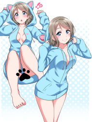 Rule 34 | !?, 10s, 1girl, :o, animal ears, animal hands, animal hood, animal print, bare legs, barefoot, blue eyes, blue hoodie, blue jacket, blush, breasts, cat ears, cat hood, cat paws, cat print, censored, chestnut mouth, cleavage, collarbone, convenient censoring, grey hair, halftone, halftone background, highres, hood, hoodie, jacket, long sleeves, looking at viewer, love live!, love live! sunshine!!, medium breasts, multiple views, nail polish, no bra, open clothes, open hoodie, open jacket, open mouth, paw censor, polka dot, polka dot background, short hair, smile, watanabe you, yopparai oni, | |
