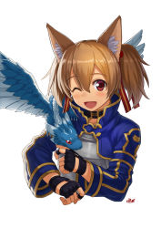 Rule 34 | 10s, 1girl, ;d, animal ears, armor, black gloves, breastplate, brown hair, cat ears, chest plate, fingerless gloves, gloves, hair ribbon, looking at viewer, npcpepper, one eye closed, open mouth, pina (sao), red eyes, ribbon, silica, silica (sao-alo), simple background, smile, solo, sword art online, twintails, white background