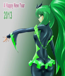 Rule 34 | 10s, 1girl, 2013, ass, bad end march, bad end precure, black bodysuit, bodysuit, butt crack, dark persona, covered erect nipples, fingerless gloves, gloves, green eyes, green hair, grey background, happy new year, long hair, matching hair/eyes, new year, ponytail, precure, skin tight, smile, smile precure!, solo, tiara, vyz03110