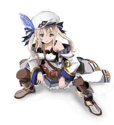 Rule 34 | 10s, 1girl, :o, bare shoulders, belt, beret, between breasts, blonde hair, blue eyes, boots, bow, breasts, brown legwear, collarbone, commentary request, cucouroux (granblue fantasy), granblue fantasy, hair between eyes, hair bow, hair ribbon, hat, knee boots, long hair, long sleeves, looking at viewer, lowres, medium breasts, off shoulder, okuba, ribbon, shoes, simple background, skirt, solo, twintails, white background, delinquent