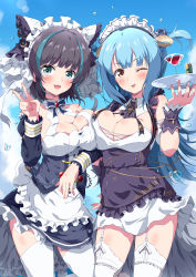 Rule 34 | 2girls, absurdres, apron, asymmetrical docking, azur lane, bare shoulders, black hair, blue hair, blue sky, blunt bangs, blush, breast press, breasts, chain, cheshire (azur lane), cloud, cosplay, costume switch, day, detached sleeves, dot nose, dress, eggman (pixiv28975023), foreshortening, frilled apron, frills, garter straps, highres, holding, holding plate, long hair, long sleeves, looking at viewer, maid headdress, multicolored hair, multiple girls, neck ribbon, neptune (azur lane), one eye closed, open mouth, outdoors, petticoat, plate, ribbon, shell hair ornament, short hair, sky, sleeveless, sleeveless dress, smile, streaked hair, thighhighs, thighs, tongue, tongue out, v, waist apron, water drop, white apron, white legwear, white ribbon, yellow eyes