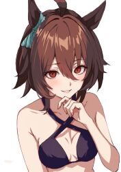 Rule 34 | 1girl, adapted costume, agnes tachyon (lunatic lab) (umamusume), agnes tachyon (umamusume), ahoge, animal ears, bare shoulders, bikini, black bikini, blush, bow, breasts, brown hair, cleavage, criss-cross halter, ear ribbon, empty eyes, green ribbon, hair between eyes, halterneck, highres, horse ears, horse girl, kama o nu, looking at viewer, messy hair, official alternate costume, red eyes, ribbon, short hair, simple background, small breasts, solo, swimsuit, umamusume, white background