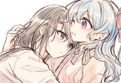 2girls ;d bang_dream! black_hair blue_eyes blue_hair blush closed_mouth frown grey_ribbon hair_ornament hair_ribbon hairclip hug light_blue_hair looking_at_another matsubara_kanon medium_hair multiple_girls okusawa_misaki one_eye_closed open_mouth opi pink_ribbon pink_shirt plaid_ribbon purple_eyes ribbon shirt short_sleeves sidelocks simple_background smile upper_body white_background white_shirt yuri