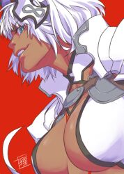 Rule 34 | 1girl, animal ears, body markings, breasts, caenis (fate), cleavage, fate/grand order, fate (series), from below, jacket, large breasts, long hair, looking at viewer, profile, red background, ryuuki garyuu, shoulder plates, signature, simple background, smile, solo, studded jacket, tan, white hair