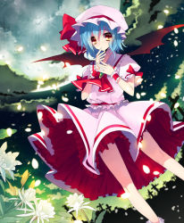 Rule 34 | 1girl, ascot, bat wings, blue hair, cloud, cross, female focus, finger in own mouth, flower, full moon, graveyard, hat, moon, night, petals, pink hat, plant, red eyes, remilia scarlet, revision, rugo, shirt, short hair, skirt, skirt set, sky, solo, star (sky), touhou, upskirt, vines, wind, wings, wrist cuffs