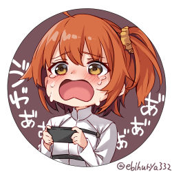 Rule 34 | 1girl, ahoge, blush, cellphone, chaldea uniform, crying, crying with eyes open, ebifurya, fate/grand order, fate (series), fujimaru ritsuka (female), hair ornament, hair scrunchie, highres, holding, holding phone, long sleeves, looking at viewer, one side up, open mouth, orange eyes, orange hair, orange scrunchie, phone, round image, scrunchie, short hair, side ponytail, simple background, smartphone, solo, tearing up, tears, twitter username, upper body, white background, yellow scrunchie