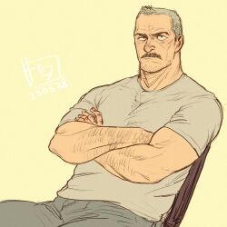 Rule 34 | 1boy, aaron gruber (o natsuo88), bara, beard stubble, black eyes, chair, cowboy shot, crossed arms, denim, facial hair, facial scar, grey hair, grey shirt, jeans, male focus, mature male, muscular, muscular male, mustache, o natsuo88, old, old man, original, pants, receding hairline, scar, scar on cheek, scar on face, scowl, shirt, short hair, simple background, sitting, solo, stubble, thick eyebrows, thick mustache, wrinkled skin, yellow background