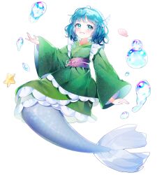 Rule 34 | 1girl, animal, blue eyes, blue hair, blush, fins, frilled kimono, frills, full body, green kimono, head fins, highres, j (ppxx3543), japanese clothes, kimono, long sleeves, mermaid, monster girl, obi, open mouth, sash, short hair, simple background, smile, solo, starfish, touhou, wakasagihime, water drop, white background, wide sleeves