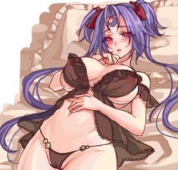 Rule 34 | 1girl, babydoll, bed sheet, black panties, blush, breasts, female focus, frilled pillow, frills, hair ribbon, large breasts, long hair, looking at viewer, navel, open mouth, original, panties, pillow, purple hair, red eyes, ribbon, ryuki@maguro-ex, see-through, solo, twintails, underwear