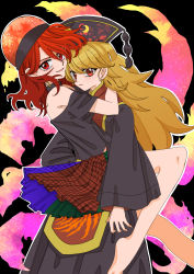 Rule 34 | 2girls, absurdres, black background, black shirt, blonde hair, blouse, chinese clothes, closed mouth, crescent, energy, hair between eyes, hecatia lapislazuli, highres, hug, junko (touhou), long hair, looking at viewer, medium hair, multiple girls, open mouth, red eyes, red hair, shirt, simple background, smile, staygold, tabard, touhou