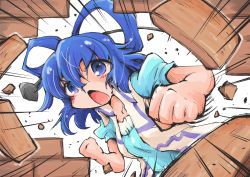 Rule 34 | 1girl, aqua dress, blue eyes, blue hair, dress, hair ornament, hair rings, hair stick, hole, kaku seiga, matching hair/eyes, open clothes, open mouth, open vest, puffy sleeves, punching, shinapuu, short sleeves, solo, touhou, vest, wall, you&#039;re doing it wrong