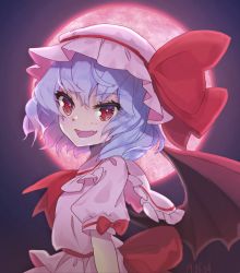 Rule 34 | 1girl, :d, ascot, bat wings, blue hair, bow, commentary request, dated, dress, fang, frilled shirt collar, frills, from side, full moon, hat, hat bow, looking at viewer, mob cap, moon, night, night sky, open mouth, outdoors, pink dress, pink hat, puffy short sleeves, puffy sleeves, red ascot, red bow, red eyes, red moon, remilia scarlet, short hair, short sleeves, skin fang, sky, smile, solo, syuri22, touhou, upper body, wings