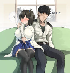 Rule 34 | 1boy, 1girl, admiral (kancolle), arm around shoulder, arm between breasts, between breasts, black eyes, black hair, black thighhighs, blush, breasts, collarbone, commentary request, couch, hakama, hakama short skirt, hakama skirt, highres, indoors, japanese clothes, kaga (kancolle), kantai collection, konoshige (ryuun), large breasts, long hair, military, military uniform, naval uniform, pants, pleated skirt, side ponytail, sitting, skirt, sleeping, thighhighs, translated, uniform, window, zettai ryouiki, zzz