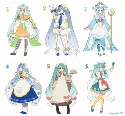 Rule 34 | 6+girls, :3, :d, absurdly long hair, absurdres, apron, aqua bow, aqua eyes, aqua footwear, aqua hair, aqua kimono, aqua ribbon, aqua skirt, aqua sleeves, argyle clothes, argyle pantyhose, aryuma772, bare shoulders, bell, bell pepper, black footwear, black gloves, black thighhighs, blue bow, blue bowtie, blue eyes, blue footwear, blue hair, blue mittens, blue ribbon, blue shirt, blue skirt, blunt bangs, boots, border, borrowed design, bow, bowtie, braid, braided hair rings, brown kimono, capelet, checkered sleeves, cheese, cheese wheel, coattails, commentary, cowbell, crab hair ornament, cross-laced footwear, detached sleeves, double bun, double scoop, drill hair, earrings, egg (food), eighth note, fake horns, fish (food), fondue, food, food-themed hair ornament, food on face, food print, fork, fork hair ornament, fortissimo, frilled apron, frilled shirt, frilled skirt, frills, fruit, full body, fur-trimmed capelet, fur-trimmed footwear, fur trim, gloves, gold trim, gradient hair, green pepper, green ribbon, green skirt, hair bow, hair bun, hair ornament, hair ribbon, hair rings, hairclip, hand on headwear, hardboiled egg, hatsune miku, headdress, highres, holding, holding food, holding ice cream, holding spoon, holding spring onion, holding staff, holding tray, holding vegetable, horns, ice cream, ice cream cone, ichimegasa, ikura (food), japanese clothes, jar, jewelry, kappougi, kimono, lace-up boots, large hat, layered skirt, light blue hair, long hair, looking at viewer, lotus root, low twin braids, medal, melon, melting, mittens, multicolored hair, multicolored shirt, multiple girls, multiple persona, musical note, musical note hair ornament, neck bell, neck ribbon, necktie, off-shoulder shirt, off shoulder, open mouth, orange capelet, orange hair, orange skirt, orange thighhighs, outstretched arm, oversized object, pantyhose, parted lips, pepper, pink bow, pink necktie, pink ribbon, polka dot sleeves, pom pom (clothes), puffy short sleeves, puffy sleeves, rabbit yukine, red bow, ribbon, rice, rice (plant), rice on face, rope, sandals, serving dome, shirt, short necktie, short sleeves, shrimp, sidelocks, single earring, skirt, smile, snowflake hair ornament, snowflake ornament, snowflake print, socks, spoon, spoon hair ornament, spring onion, sprinkles, squash, staff, star (symbol), star earrings, star print, straight-on, streaked hair, striped clothes, striped kimono, striped skirt, striped thighhighs, swiss cheese, thighhighs, tray, twin braids, twin drills, twintails, twitter username, two-tone skirt, vegetable, vertical-striped clothes, vertical-striped thighhighs, very long hair, vocaloid, waffle cone, wavy hair, white apron, white border, white bow, white footwear, white hair, white headdress, white headwear, white pantyhose, white ribbon, white shirt, white socks, wide sleeves, yellow capelet, yellow ribbon, yellow skirt, yuki miku, yuki miku (2024), yuki miku (2024) (candidate no.1), yuki miku (2024) (candidate no.2), yuki miku (2024) (candidate no.3), yuki miku (2024) (candidate no.4), yuki miku (2024) (candidate no.6), zouri