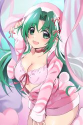 Rule 34 | 1girl, absurdres, animal ears, animal hood, blush, bow, bow bra, bra, breasts, choker, cleavage, collarbone, curtains, fake animal ears, fingernails, frilled bra, frills, green eyes, green hair, hair ribbon, heart, heart-shaped pillow, highres, higurashi no naku koro ni, higurashi no naku koro ni mei, hood, hoodie, kneeling, large breasts, long fingernails, long hair, looking at viewer, loungewear, mashimaro tabetai, official alternate costume, open clothes, open hoodie, open mouth, parted bangs, pillow, pink bra, rabbit ears, rabbit hood, rabbit tail, ribbon, smile, socks, solo, sonozaki shion, striped clothes, striped hoodie, striped socks, tail, tareme, underwear, zipper