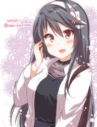Rule 34 | 1girl, :d, alternate costume, bag, black hair, black shirt, blush, bracelet, breasts, brown eyes, commentary request, dated, hair between eyes, hair ornament, hairband, hairclip, handbag, haruna (kancolle), jacket, jewelry, kantai collection, large breasts, long hair, looking at viewer, one-hour drawing challenge, open mouth, sakura romu, shirt, smile, solo, twitter username, upper body, white hairband, white jacket