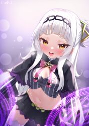 Rule 34 | 1girl, black capelet, black skirt, blush, bow, breasts, brown eyes, capelet, commentary request, crop top, forehead, gmkj, gradient background, grey background, grey hair, grey shirt, hair bun, highres, hololive, long hair, looking at viewer, magic circle, murasaki shion, navel, open mouth, pentagram, pink bow, shirt, signature, single side bun, skirt, small breasts, solo, striped clothes, striped shirt, sweat, vertical-striped clothes, vertical-striped shirt, very long hair, virtual youtuber