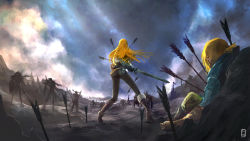 Rule 34 | 1boy, 1girl, absurdres, against rock, arrow (projectile), arrow in body, ass, battlefield, black pants, black pantyhose, blonde hair, blood, boots, bow (weapon), brown footwear, brown gloves, cloud, cloudy sky, completion time, day, defeat, fanny pack, fighting, fighting stance, from behind, gloves, highres, holding, holding sword, holding weapon, injury, knee boots, link, long hair, master sword, matias habert, monster, nintendo, outdoors, pants, pantyhose, planted, planted arrow, princess zelda, rock, role reversal, sheikah slate, short hair, short ponytail, sitting, sky, standing, sword, the legend of zelda, the legend of zelda: breath of the wild, weapon