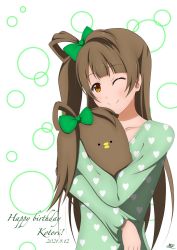 Rule 34 | 1girl, ;), artist name, artist request, blush, bow, breasts, brown eyes, brown hair, doll, female focus, green bow, green pajamas, grey hair, hair bow, hair rings, heart, heart (symbol), heart print, highres, holding, holding doll, light brown hair, long hair, looking at viewer, love live!, love live! school idol project, minami kotori, minami kotori (bird), one eye closed, pajamas, parted lips, ponytail, side ponytail, smile, solo, upper body, white background, wink, yellow eyes