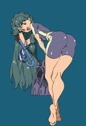 Rule 34 | 1girl, :d, absurdres, alternate costume, ass, barefoot, bent over, black eyes, blue background, bodysuit, brown eyes, diving suit, english text, feet, flippers, from behind, fujii shingo, go! princess precure, green eyes, green hair, highres, kaidou minami, kneepits, long hair, looking at viewer, looking back, open mouth, precure, simple background, smile, snorkel, soles, solo, standing, toes, wetsuit