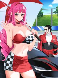 Rule 34 | 1boy, 1girl, alternate costume, bare shoulders, black eyes, black hair, black jacket, blue sky, blush, breasts, car, checkered clothes, checkered skirt, choker, cleavage, cloud, cloudy sky, collarbone, commentary, cowboy shot, dracule mihawk, drill hair, eyelashes, facial hair, fence, goatee, grass, hair bun, hair slicked back, hairband, helmet, holding, holding helmet, holding umbrella, jacket, joman, large breasts, long hair, looking at viewer, miniskirt, motor vehicle, motorcycle helmet, multicolored clothes, multicolored jacket, mustache, navel, one piece, open clothes, open jacket, outdoors, parted lips, pencil skirt, perona, pink hair, race queen, red choker, red hairband, red jacket, red skirt, shirt, sidelocks, skirt, sky, smile, solo focus, sports car, standing, stomach, strapless, sunglasses, symbol-only commentary, tree, tube top, two-tone jacket, umbrella, waving, white shirt, wire fence