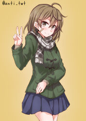 Rule 34 | 1girl, anti (untea9), bandaid, bandaid on face, blue skirt, brown background, brown eyes, brown hair, coat, gradient background, green coat, grey scarf, highres, kantai collection, oboro (kancolle), plaid, plaid scarf, pleated skirt, scarf, short hair, skirt, solo, twitter username, v