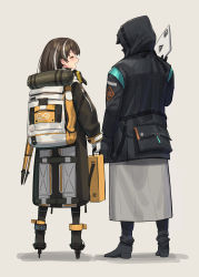 Rule 34 | 1girl, 1other, arknights, back, backpack, bag, bird mask, black coat, black footwear, black pants, blush, brown coat, brown hair, coat, commentary, doctor (arknights), earrings, closed eyes, from behind, full body, gloves, grey background, highres, holding, holding tablet pc, hood, hood up, hooded coat, infection monitor (arknights), jewelry, magallan (arknights), mask, mask around neck, multicolored hair, open mouth, pants, rhine lab logo, shadow, shoes, short hair, sigm@, silver hair, simple background, skates, smile, standing, streaked hair, tablet pc, tripod, two-tone hair, white gloves, winter clothes