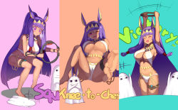 Rule 34 | &lt;o&gt; &lt;o&gt;, animal ears, arms up, blush, breasts, cameltoe, closed eyes, comic, commentary, cosplay, dark-skinned female, dark skin, earrings, egyptian clothes, english commentary, facepaint, facial mark, fate/grand order, fate (series), highres, hoop earrings, jackal ears, jewelry, large breasts, long hair, low-tied long hair, medjed (fate), medjed (fate) (cosplay), multiple views, navel, nitocris (fate), nitocris (fate/grand order), nitocris (swimsuit assassin) (fate), nitocris (swimsuit assassin) (second ascension) (fate), one eye closed, open mouth, purple eyes, purple hair, ring-con, ring fit adventure, squatting, sweat, thigh strap, usekh collar, yuruto