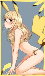 Rule 34 | 1girl, all fours, bikini, blonde hair, blunt bangs, breasts, commentary request, cosplay, creatures (company), feet out of frame, from side, game freak, gen 1 pokemon, glasses, grey background, highres, hiroshi (hunter-of-kct), kneeling, long hair, nintendo, perrine h. clostermann, pikachu, pikachu (cosplay), pikachu ears, pikachu tail, poke ball, pokemon, pokemon ears, pokemon tail, side-tie bikini bottom, small breasts, solo, strike witches, swimsuit, tail, wavy hair, world witches series, yellow bikini, yellow eyes