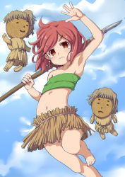 Rule 34 | 10s, 1girl, armpits, bare shoulders, barefoot, blue sky, blush, cloud, coconut, crying, day, doll, grass skirt, hinamatsuri (manga), holding, holding spear, holding weapon, leaf bra, mao (hinamatsuri), nana-ine, navel, outdoors, polearm, red eyes, red hair, sky, solo, spear, standing, standing on one leg, tears, thick eyebrows, wavy mouth, weapon