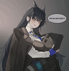 Rule 34 | 1girl, 1other, arknights, black coat, black hair, blue gloves, blue necktie, blush, breast smother, breasts, coat, coat on shoulders, collared shirt, doctor (arknights), face to breasts, fingerless gloves, fkskii65, gloves, gradient background, grey background, hood, hood up, hooded coat, hug, korean text, large breasts, long hair, long sleeves, mask, necktie, open mouth, revision, shirt, speech bubble, texas (arknights), texas the omertosa (arknights), upper body, very long hair, white shirt, yellow eyes