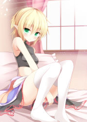 Rule 34 | 1girl, aibumi, bad id, bad pixiv id, blonde hair, green eyes, highres, light particles, looking at viewer, midriff, mizuhashi parsee, pen-zin, petals, pillow, pointy ears, sitting, skirt, solo, strapless, thighhighs, touhou, tube top, white thighhighs, window