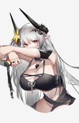 Rule 34 | 1girl, absurdres, arknights, armband, bare shoulders, bikini, black bikini, black choker, breasts, choker, cleavage, commentary request, flower, grey background, groin, hair flower, hair ornament, highres, horns, infection monitor (arknights), jewelry, large breasts, long hair, looking at viewer, mudrock (arknights), mudrock (silent night) (arknights), navel, necklace, official alternate costume, pointy ears, red eyes, silver hair, simple background, solo, stomach, swimsuit, very long hair, yellow flower, yushe quetzalli