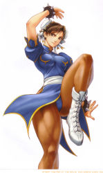 Rule 34 | 1girl, absurdres, bracelet, capcom, china dress, chinese clothes, chun-li, dress, highres, jewelry, omar dogan, pantyhose, pelvic curtain, scan, solo, spiked bracelet, spikes, street fighter, thick thighs, thighs, udon entertainment